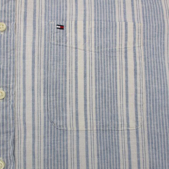 Tommy Hilfiger Shirt Mens 2XL Blue White Striped Linen Blend Short Sleeve Button - Picture 11 of 16